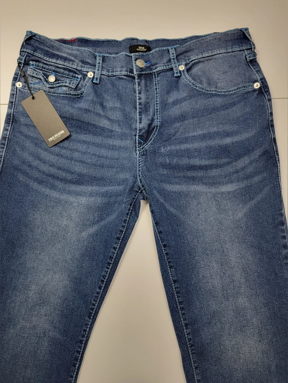 True Religion Geno Big T Flap Slim Jeans in Medium Blaze Wash Size 36X32 New